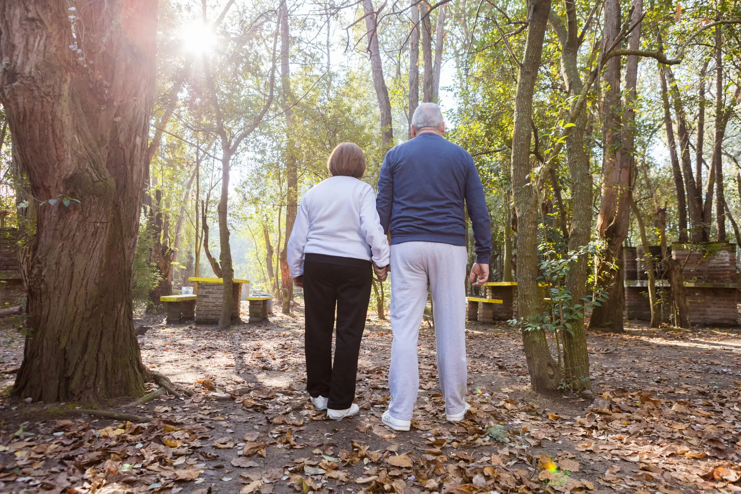 Casal de costas caminhando ao ar livre no fim da tarde